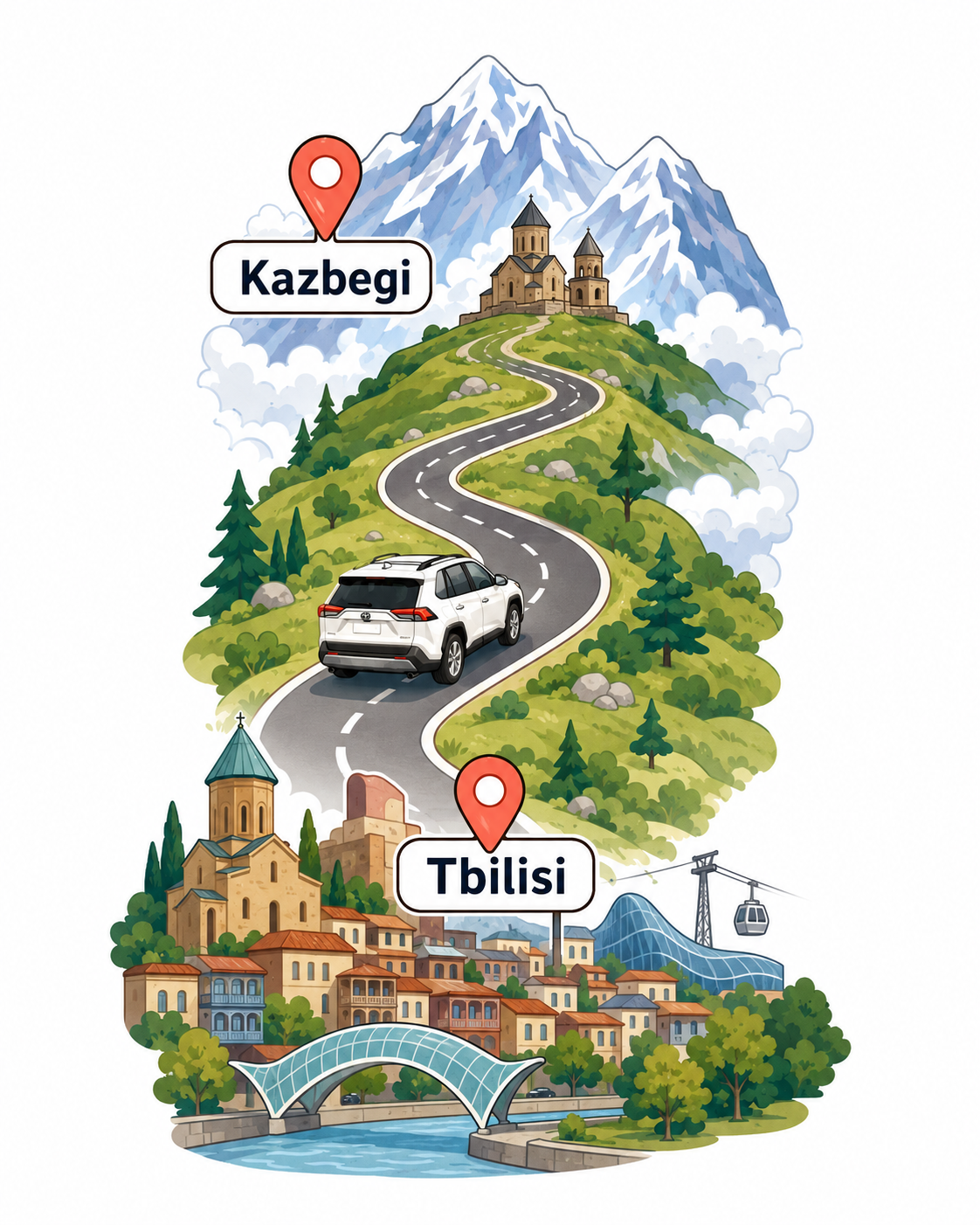 Tbilisi to Kazbegi private one-day tour map by Toyota RAV4